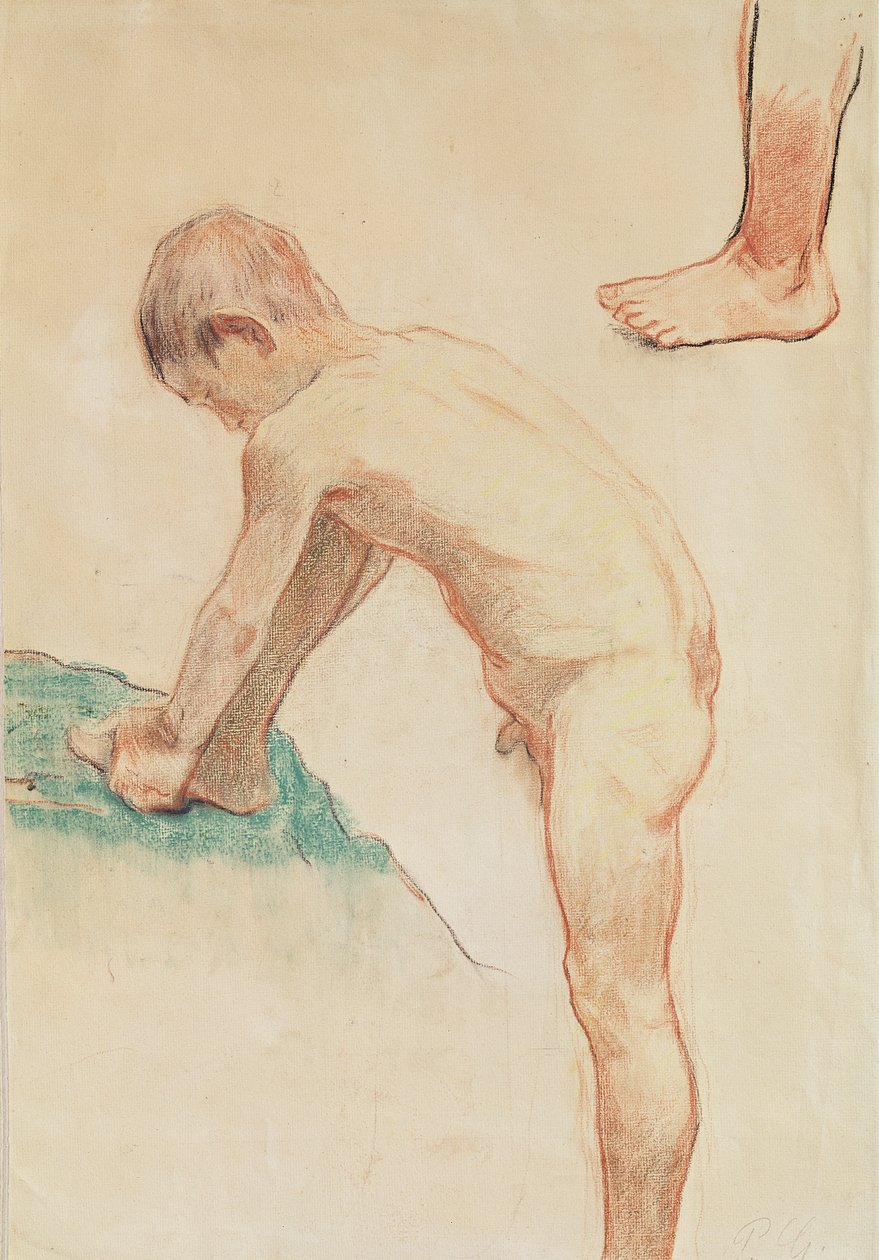一个男孩和一个脚的研究，1888年（红色粉笔，木炭和米色纸上的粉彩）（另见146451） 作者 保罗·高更