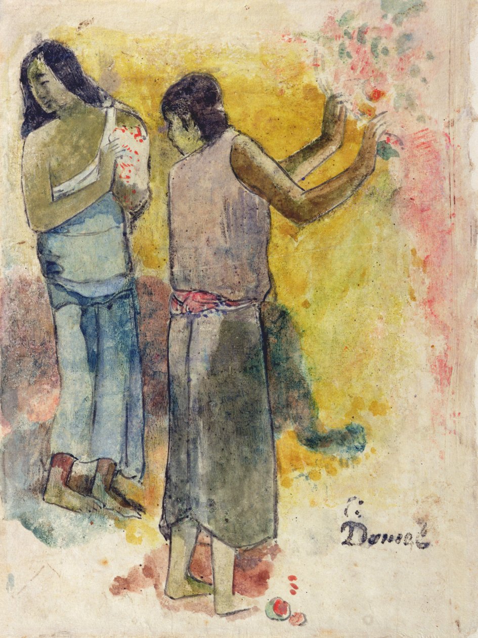 两个数字，研究&39;Faa Iheiche&39;，1898年（wc和笔在纸上） 作者 保罗·高更