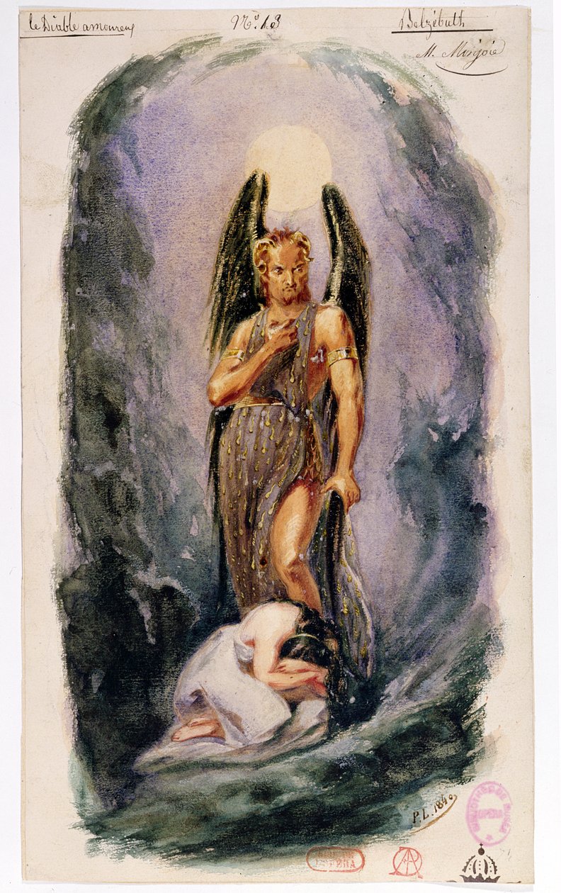 “The Devil in Love”的服装设计，是Jacques Cazotte（1719-92）1840年原创作品之后的芭蕾舞剧（纸上水粉和水粉） 作者 保罗·洛尔米耶