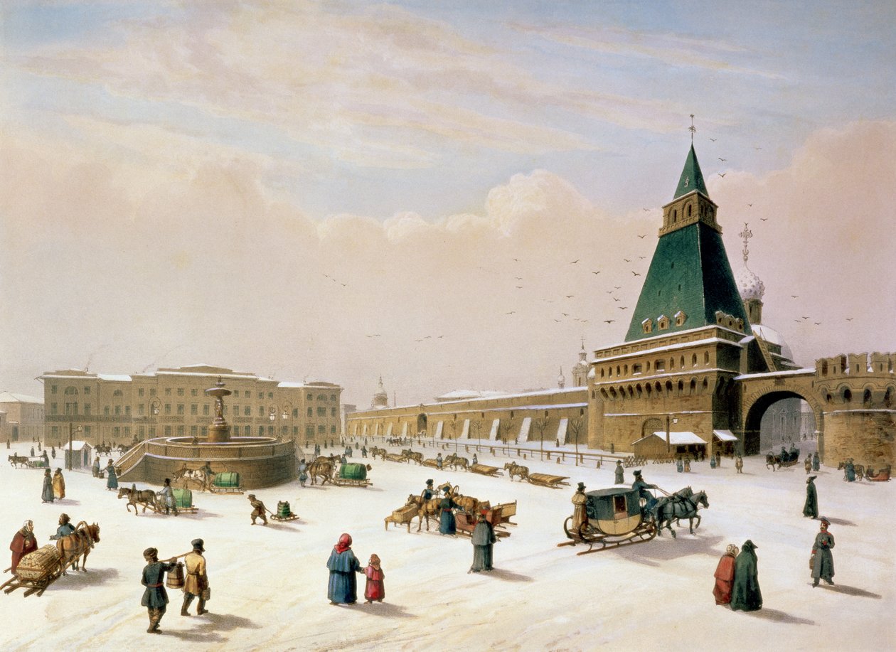 莫斯科的Loubyanska广场，由Louis-Pierre-Alphonse Bichebois（1801-50）印刷，1830年 作者 保罗·玛丽·罗素