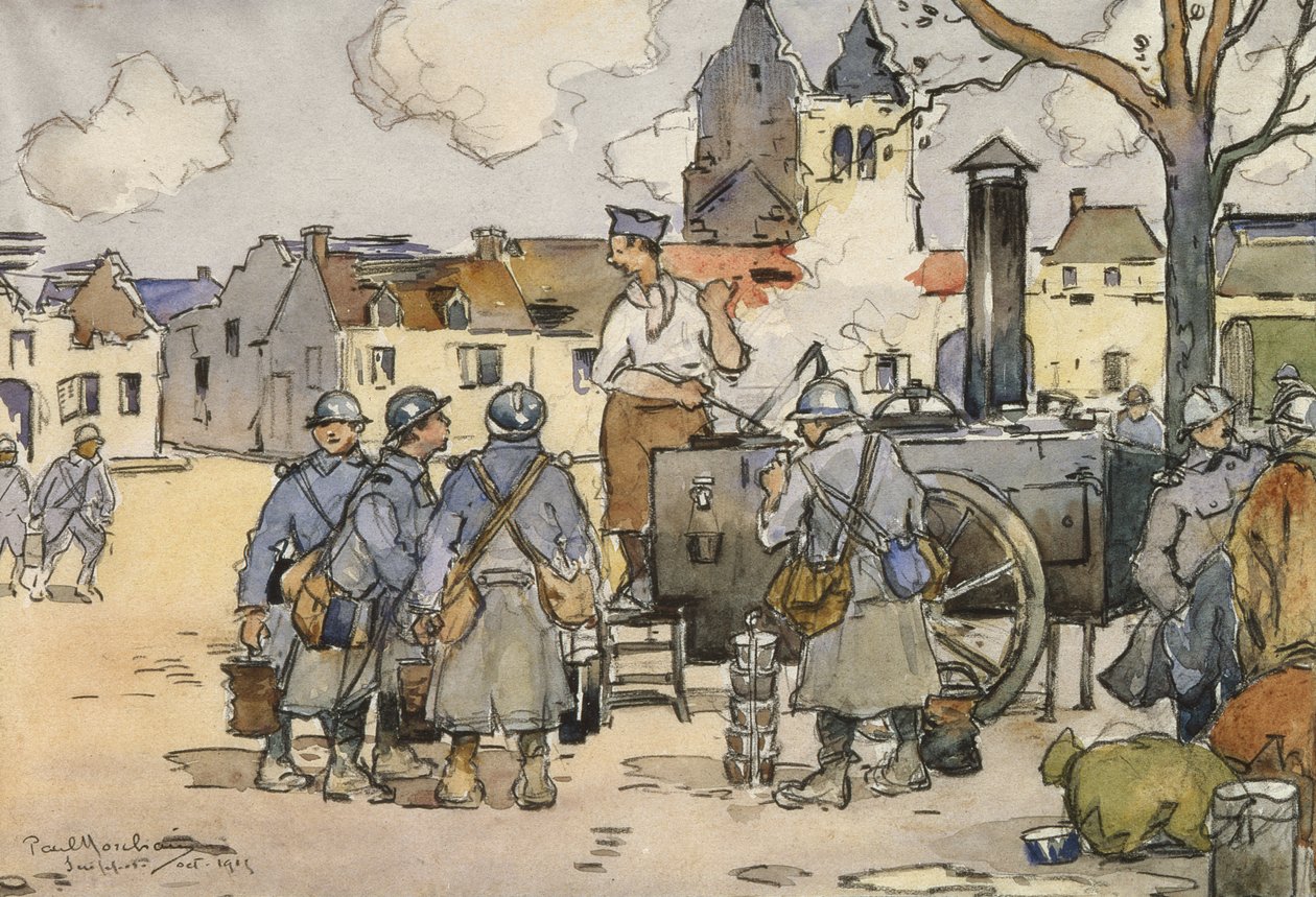 法国狙击手在1915年10月马恩的野外厨房（纸上写着） 作者 保罗·莫链