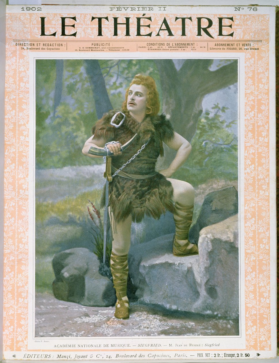 杂志&39;Le Theatre&39;的封面描绘Jean de Reszke（1850-1925）作为Siegfried在&39;Siegfried&39;中由瓦格纳于1902年2月11日 作者 保罗·纳达尔
