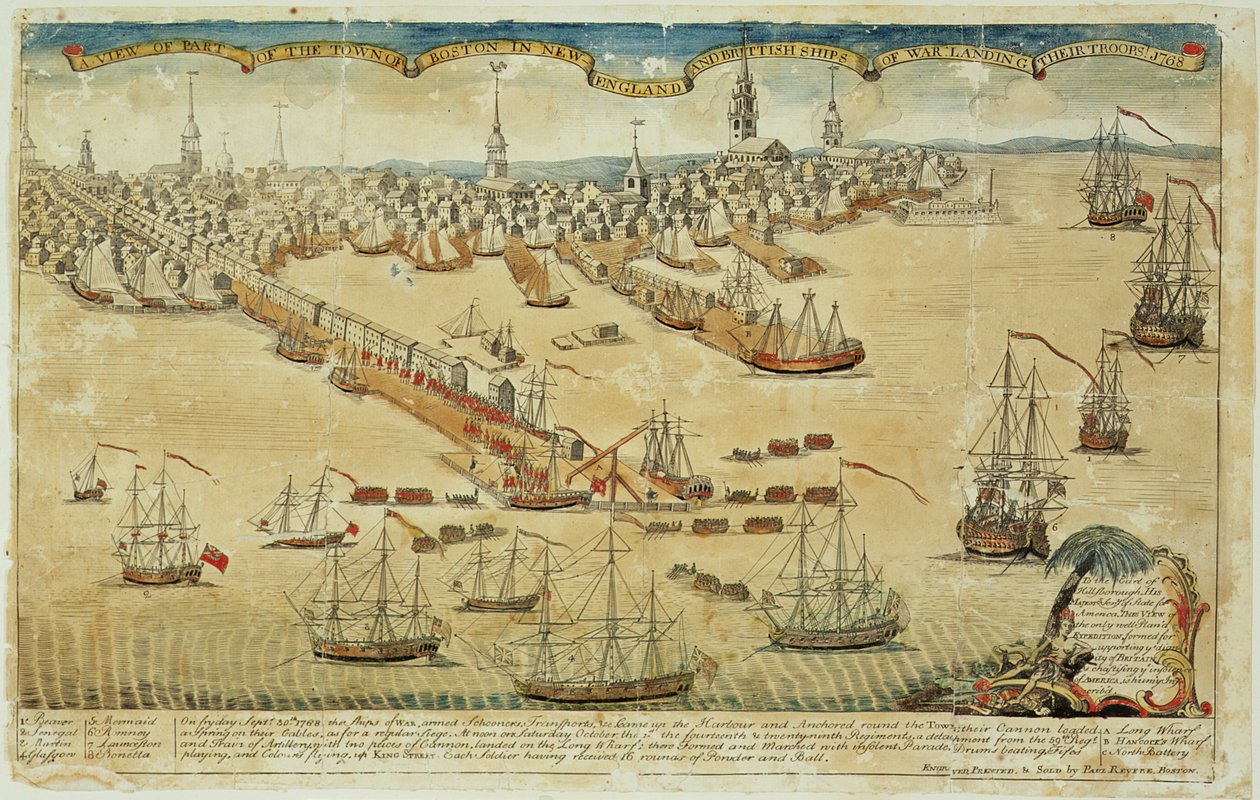新英格兰波士顿镇的一部分视图和英国战舰登陆他们的部队！ 1768 作者 保罗·里维尔