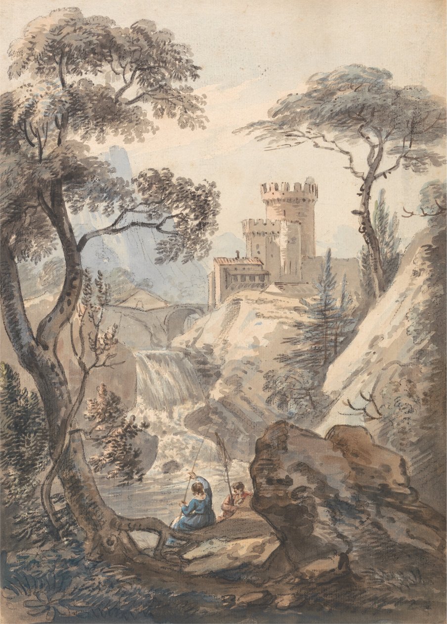 与城堡，小瀑布和钓鱼者的Italianate风景 作者 保罗·桑德比