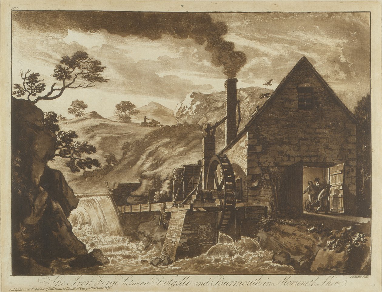 位于Merionethshire的Dolgelli和Barmouth附近的Iron Forge，来自威尔士十二景，1776年（aquatint） 作者 保罗·桑德比