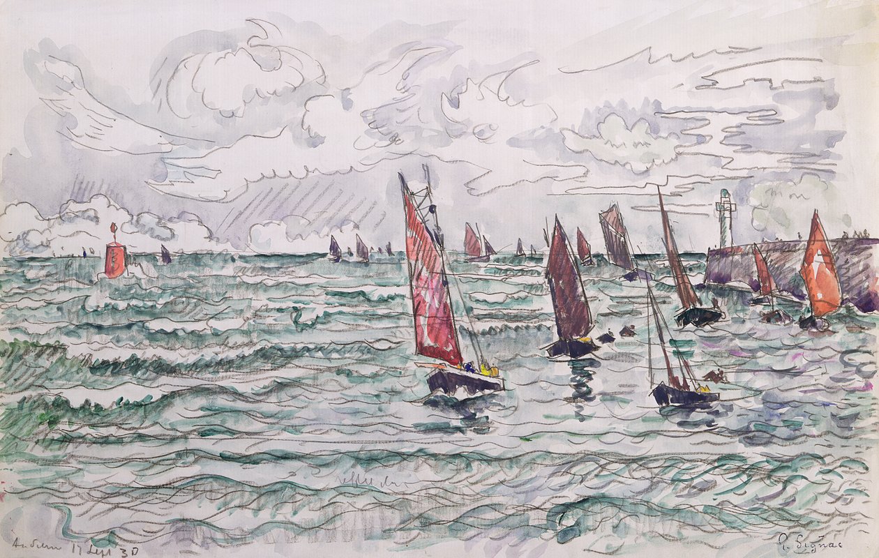 Audierne，渔船归来，1930年（纸上铅笔） 作者 保罗·西尼亚克