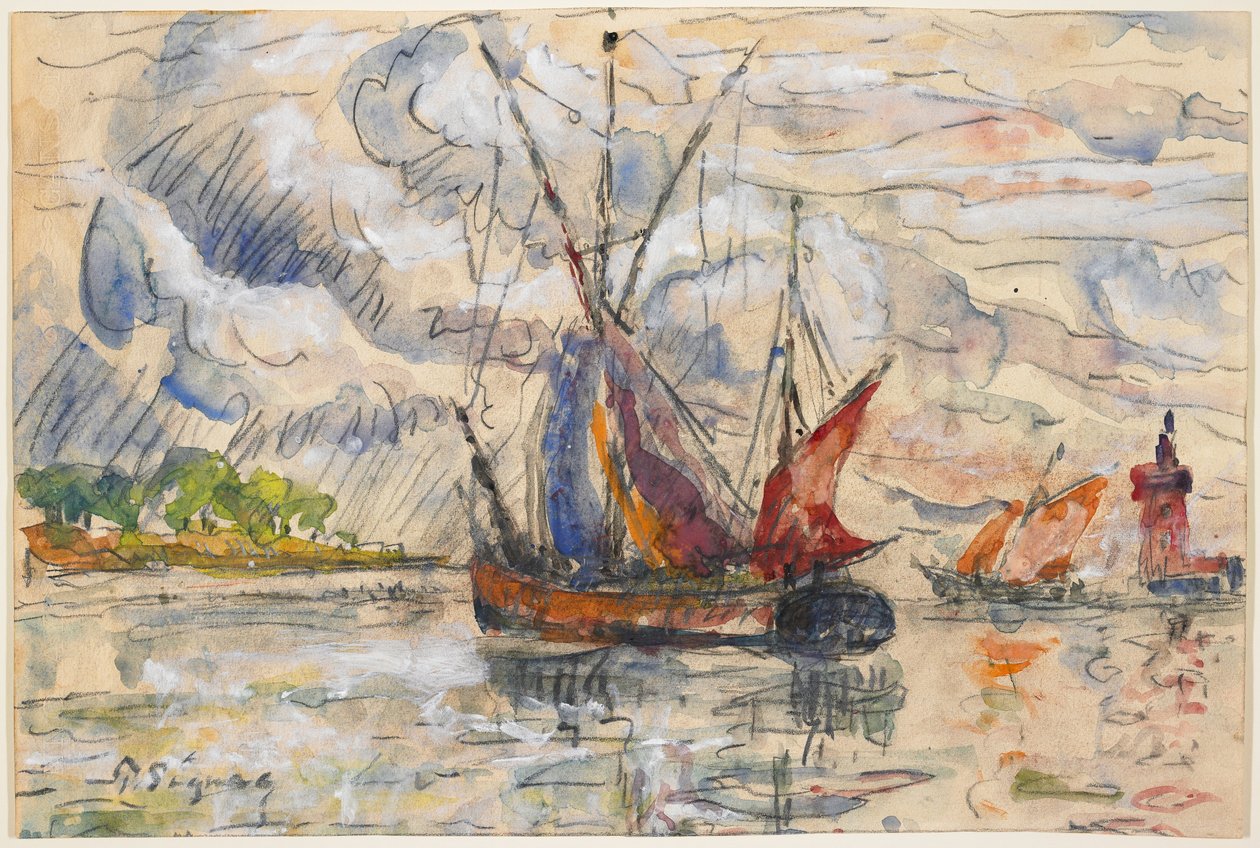 拉罗谢尔的渔船，c.1919-21（石墨，不透明和不透明的白色） 作者 保罗·西尼亚克