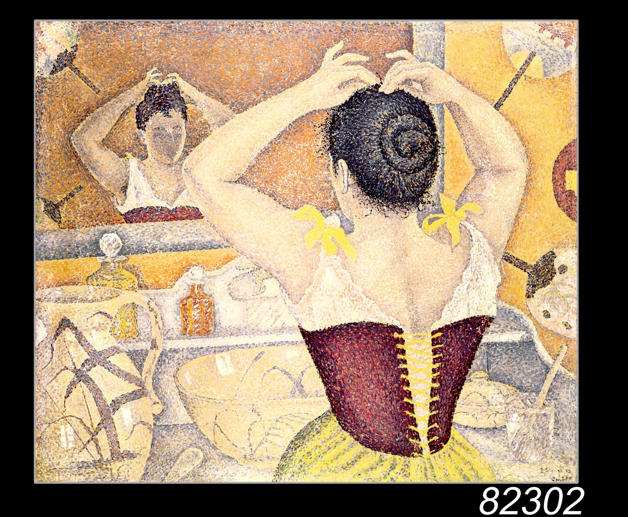 她的toilette的妇女穿着紫色束腰，1893年 作者 保罗·西尼亚克