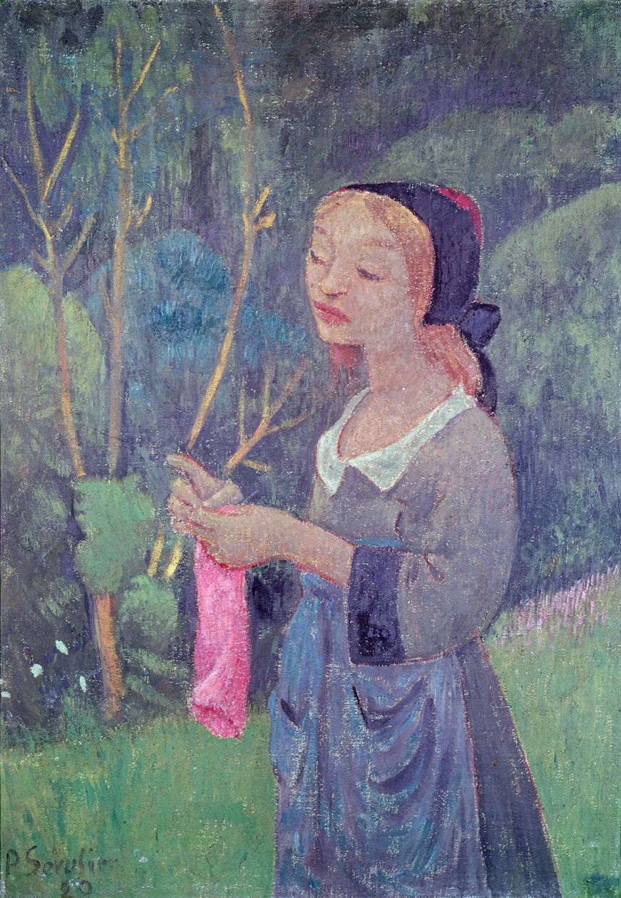 有桃红色长袜或年轻不列塔尼人编织的女孩，1920年 作者 保罗·塞鲁西耶