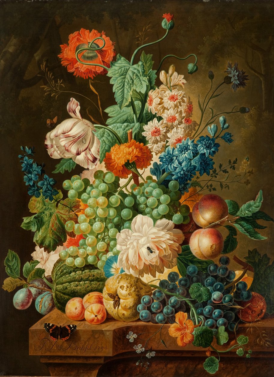 水果和鲜花在大理石桌上，1794年 作者 保罗·西奥多·范·布鲁塞尔