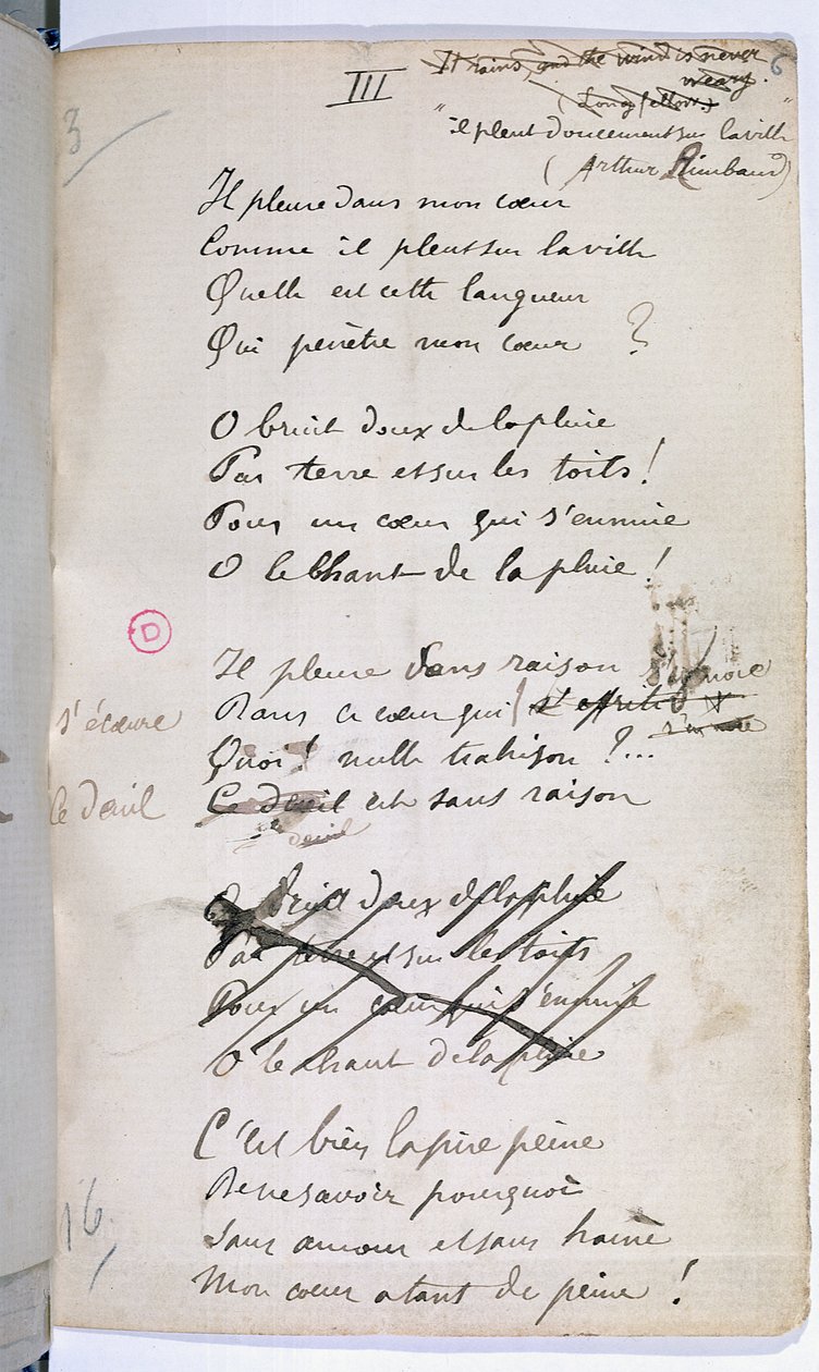 1874年“无言情的浪漫”中的“被遗忘的Ariads，III”的手稿 作者 保罗·韦兰（Paul Verlaine）