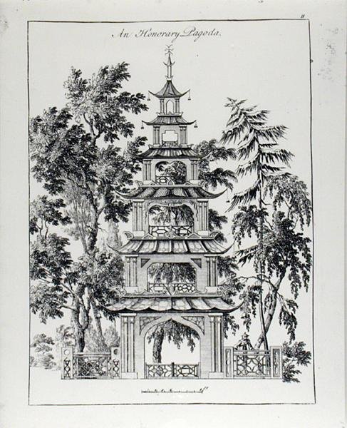 一座荣誉塔，出自《中国建筑，民用和观赏建筑》，1759年出版（雕刻）（黑白照片）。 作者 保罗·德克尔