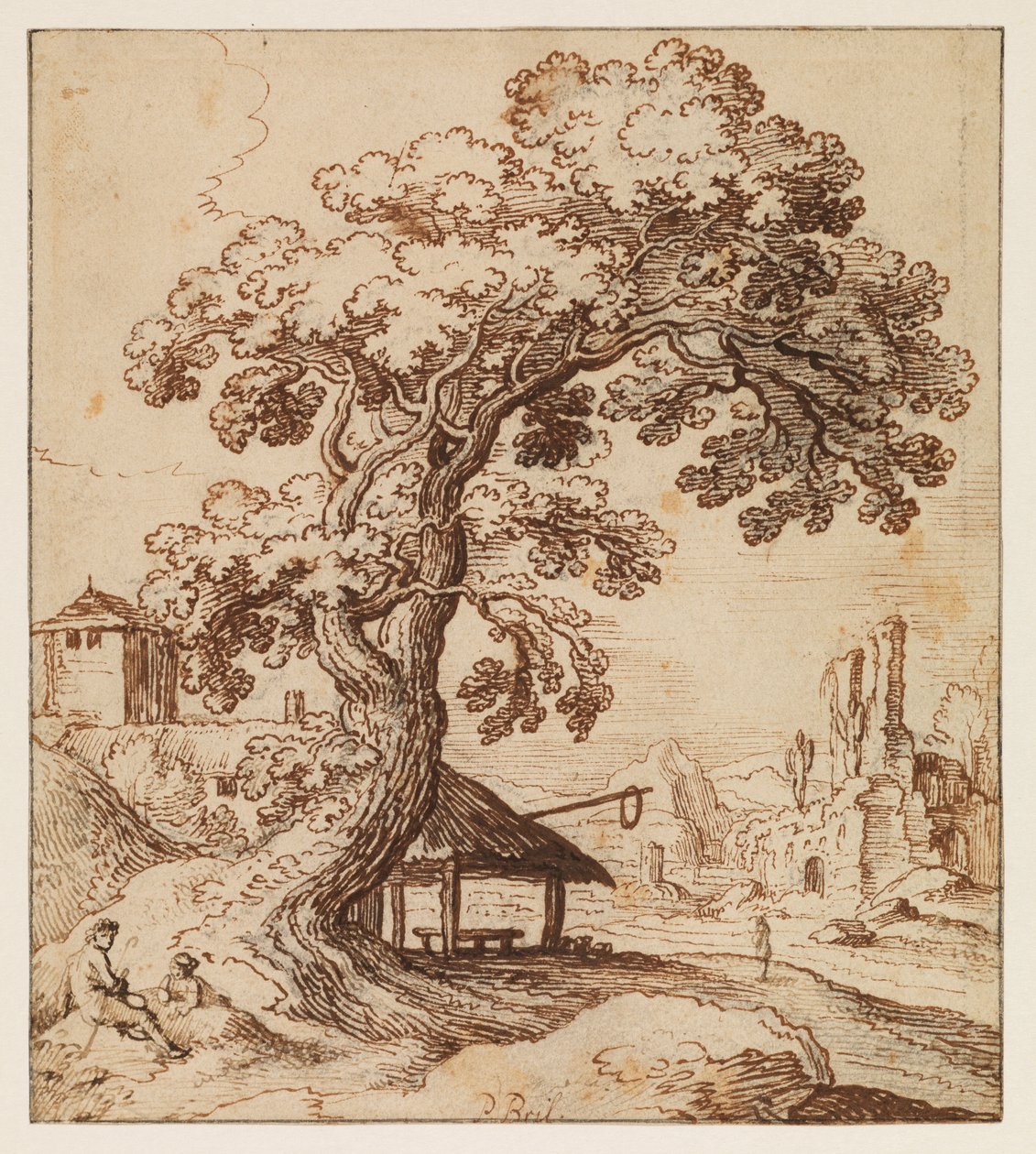 有废墟和人物的风景，约 1615 年（黑色粉笔、钢笔和棕色墨水，铺纸，黑色墨水框线） 作者 保罗（圈）布里尔或布里尔