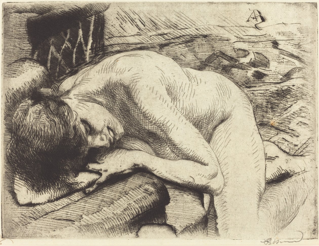 睡在地板上的模特 Le modèle endormi à terre, 1885. 作者 保罗·阿尔伯特·贝斯纳德