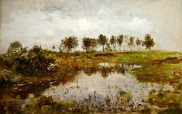 达豪附近的风景，前景是一个池塘（纸板上的油画） 作者 保罗·鲍姆