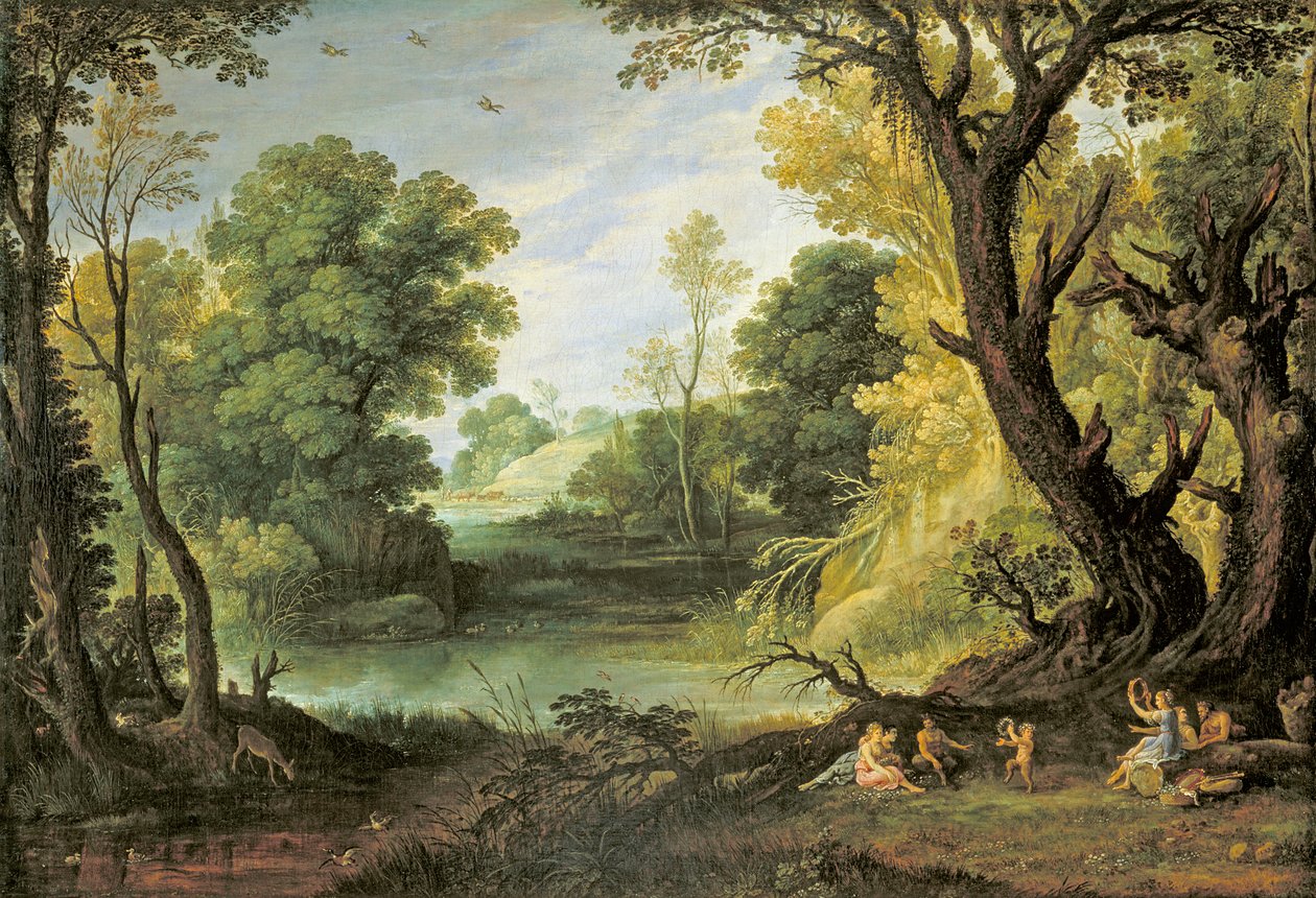 仙女和莎蒂尔风景画，1623 年 作者 保罗布里尔
