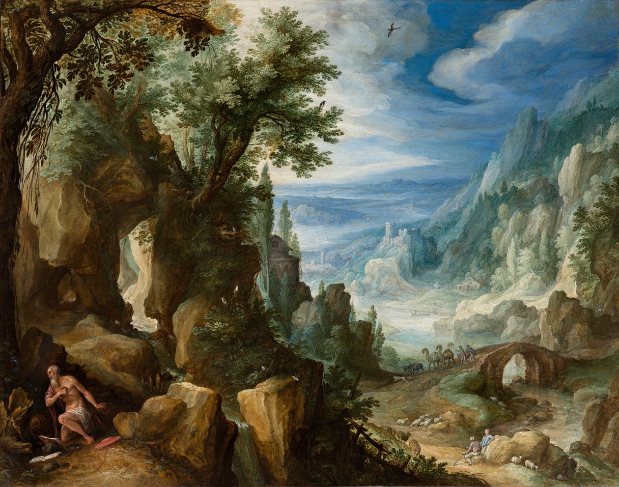 与圣杰罗姆的山地景观，1592年（面板上的铜油） 作者 保罗布里尔