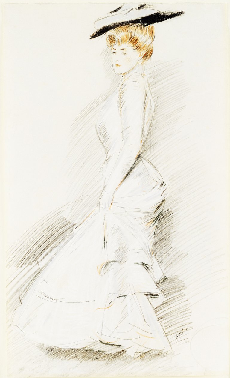 穿着白色连衣裙的优雅女士， 作者 保罗·塞萨尔·Helleu