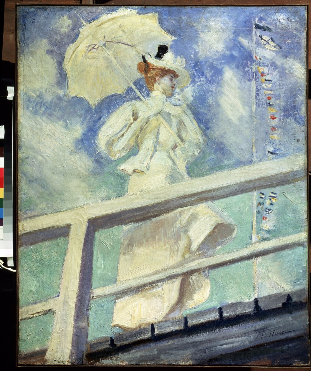 白衣女子。保罗-塞萨尔-海勒（1859-1927 年）的画作。布面印象派油画。尺寸：82x66 厘米。莫斯科普希金博物馆 作者 保罗·塞萨尔·Helleu