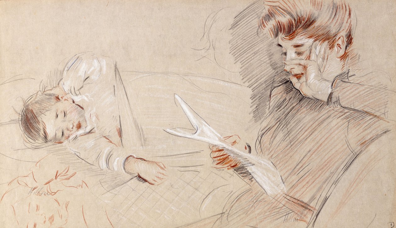 Helleu Reading女士，Paulette躺在沙发旁边， 作者 保罗·塞萨尔·Helleu
