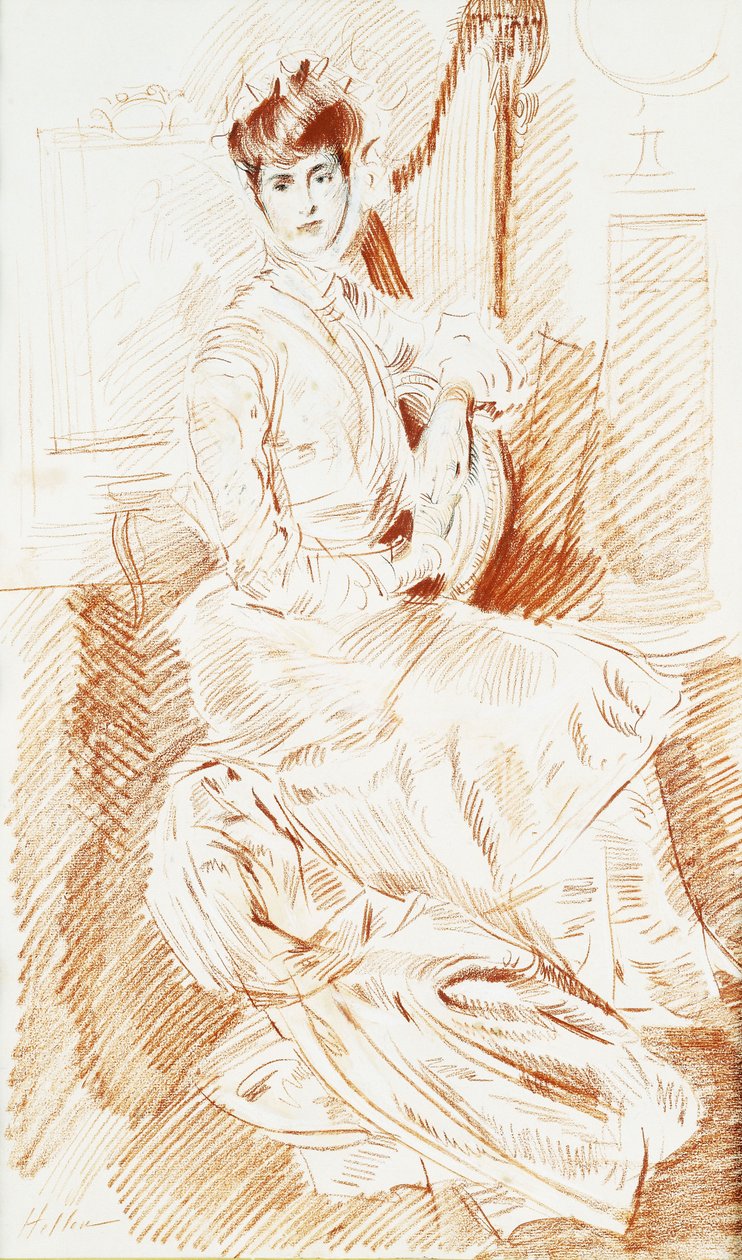 Helleu夫人坐在竖琴旁， 作者 保罗·塞萨尔·Helleu
