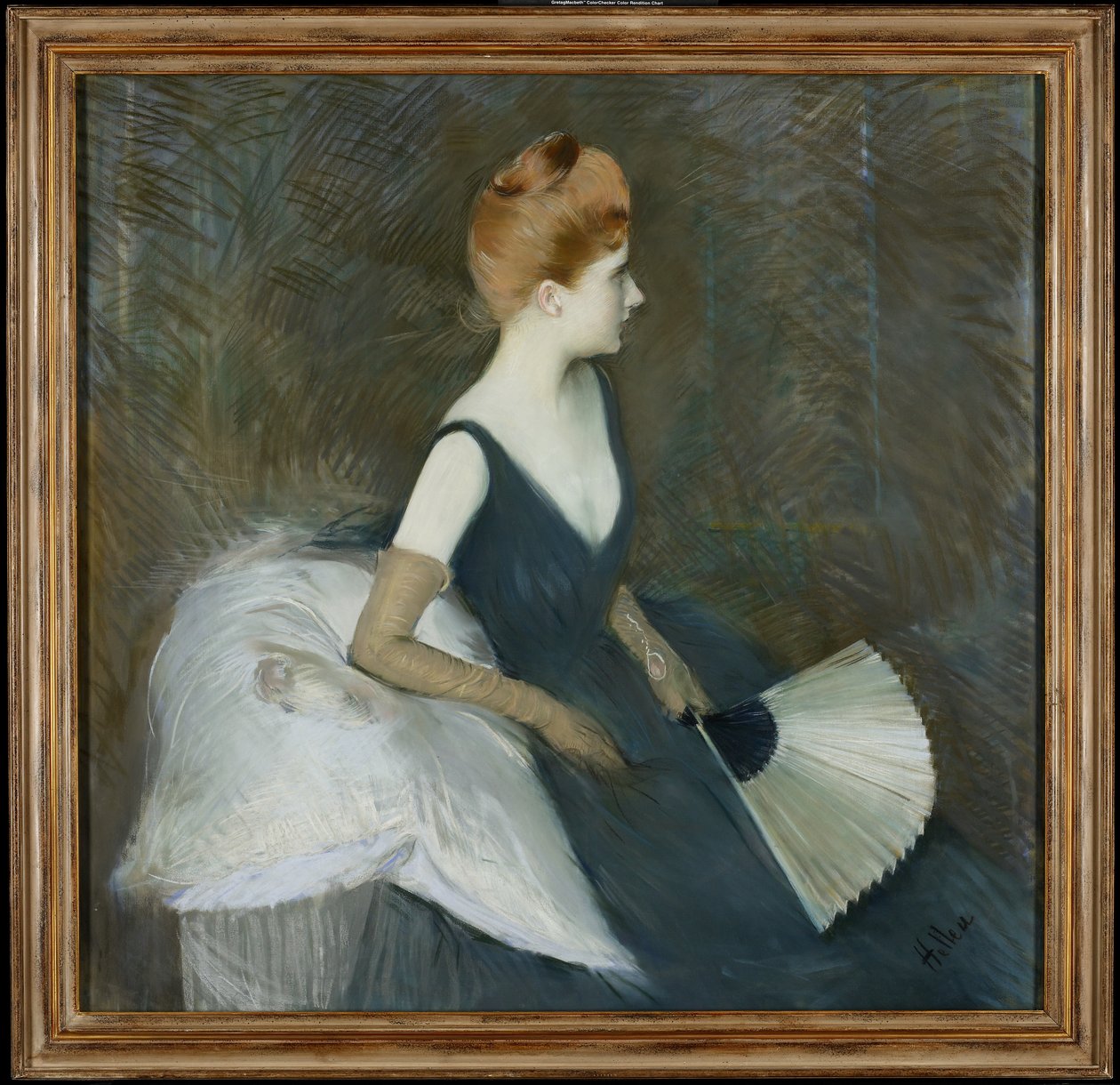 Marthe Letellier夫人坐在沙发上，拿着风扇，c.1895（画布上的粉彩） 作者 保罗·塞萨尔·Helleu