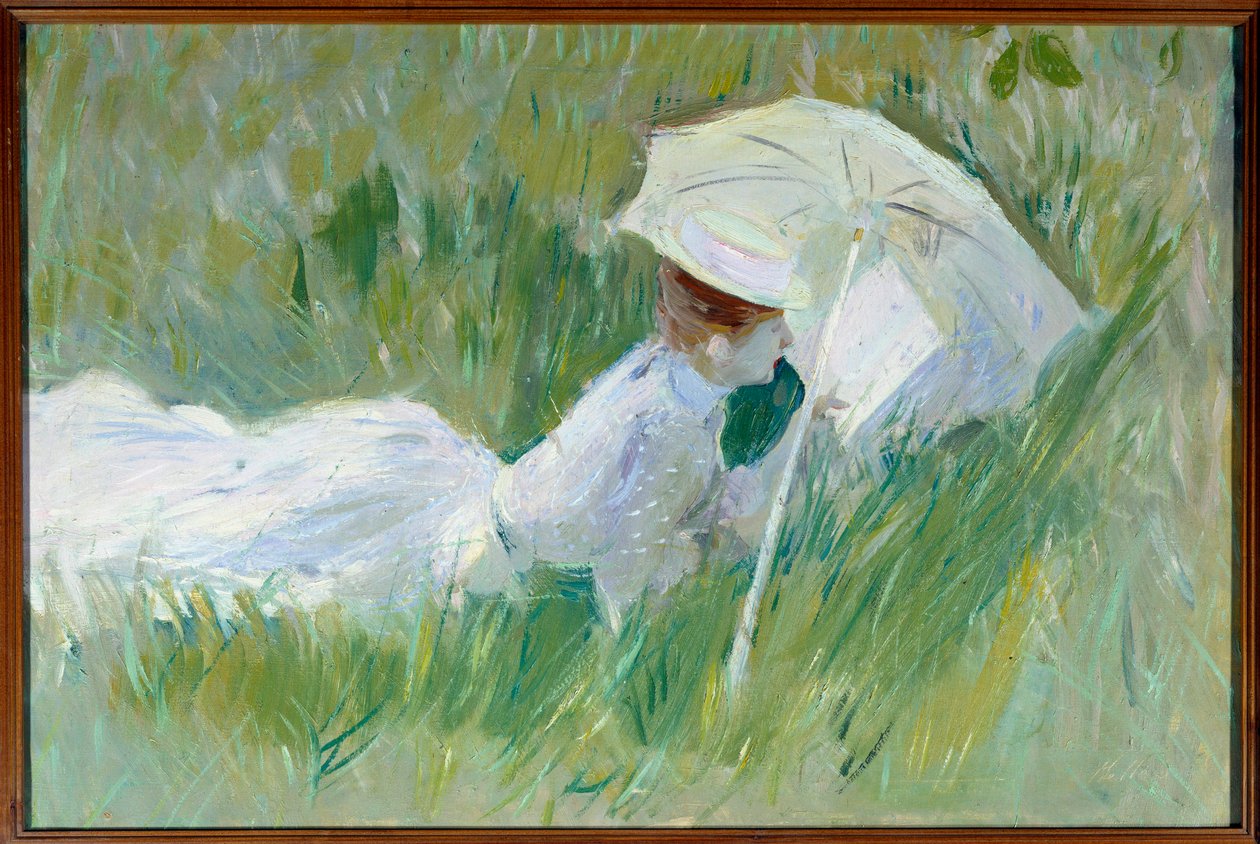 Helleu夫人的肖像，画家的妻子，躺在草地上 画家Paul Cesar Helleu (1859-1927)1927年之前，布面油画，尺寸：0.54x0.81米。0,54x0,81米 鲁昂，美术博物馆 - 画家的妻子Helleu夫人的肖像，躺在草地上。画作b 作者 保罗·塞萨尔·Helleu