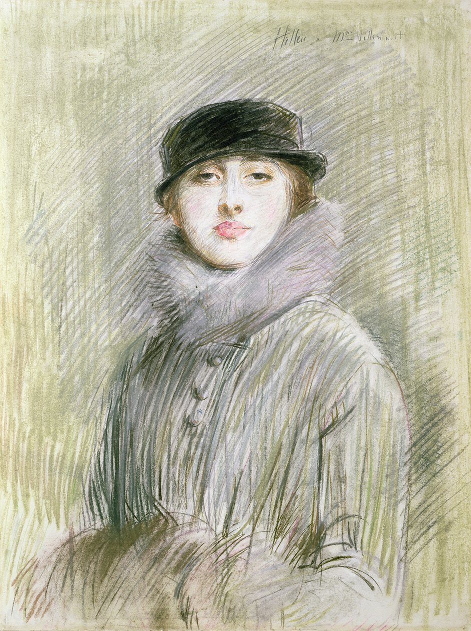 一位女士的肖像与毛领和Muff，20世纪（绘图） 作者 保罗·塞萨尔·Helleu