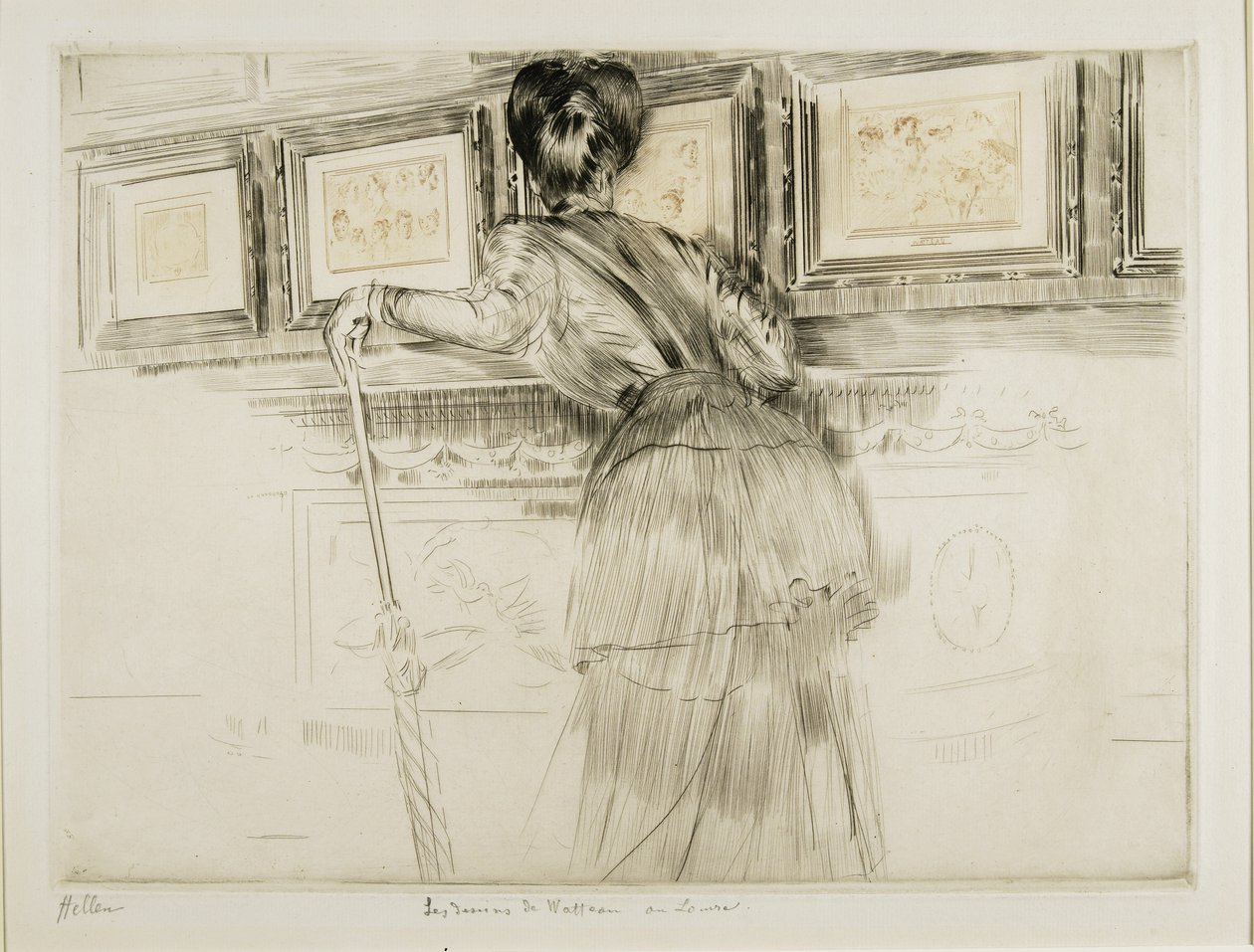 看在天窗的妇女Watteau图画，c。 1895年 作者 保罗·塞萨尔·Helleu