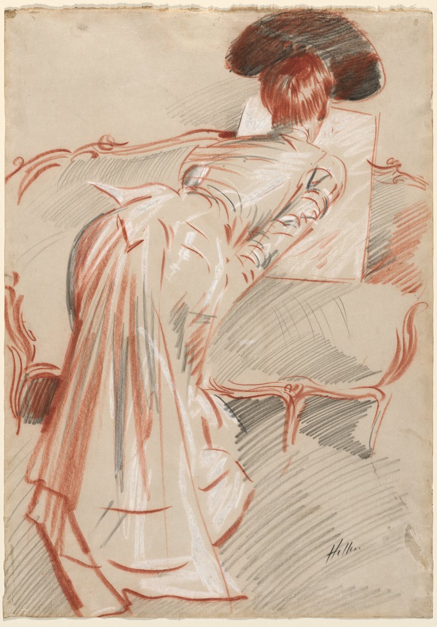 女人可能是爱丽丝·埃卢（Alice Hellu）夫人看着一张图画，c。 1895年。 作者 保罗·塞萨尔·Helleu