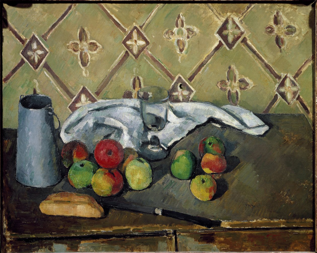 Fruits, napkin and milk box - Oil on canvas 作者 保罗·塞尚