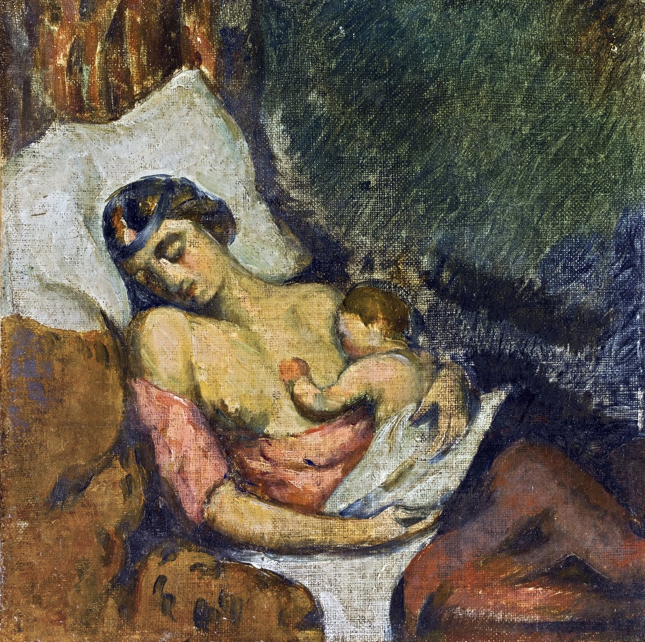 Hortense allaitant Paul--给孩子喂奶的女人 par Cezanne, Paul (1839-1906), ca 1872 - 布面油画, 23,2x23,2 - 私人收藏 作者 保罗·塞尚
