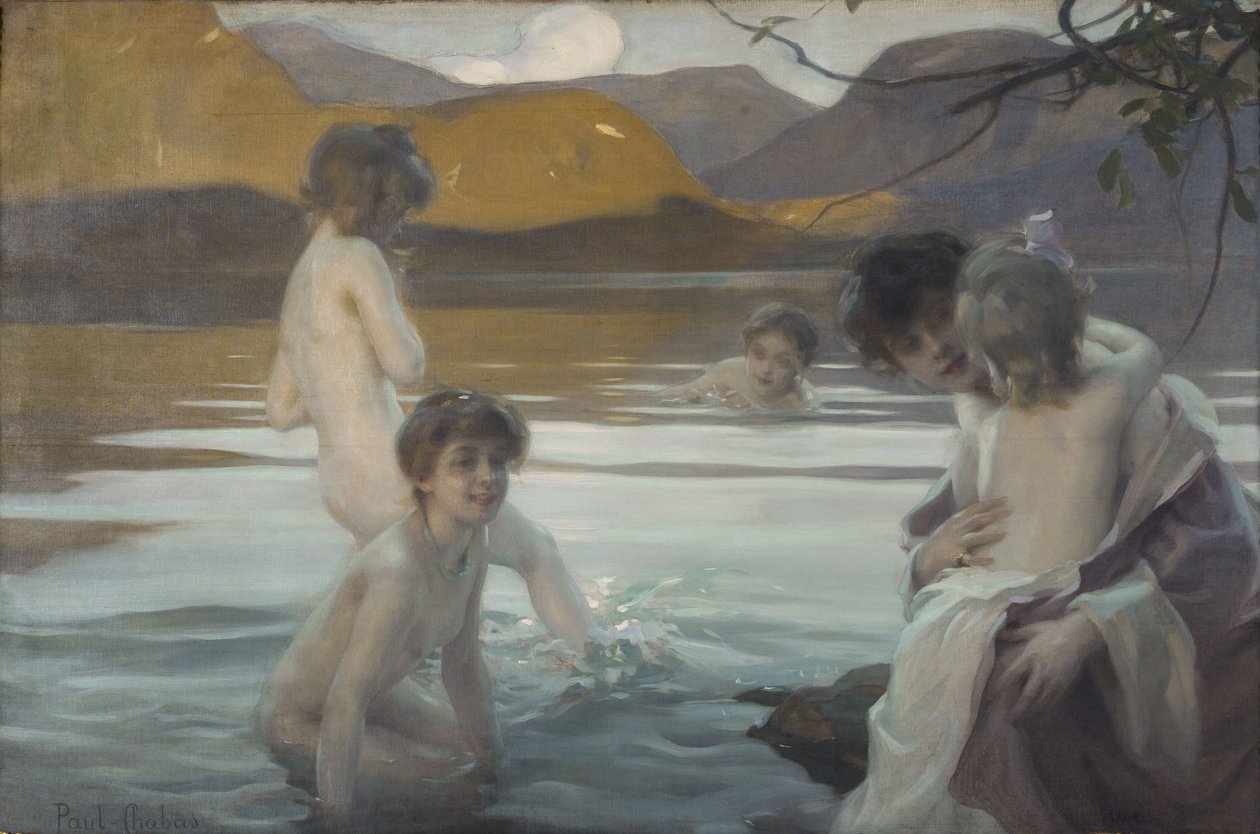 第一次洗澡，约 1907 年（布面油画） 作者 保罗·查巴斯