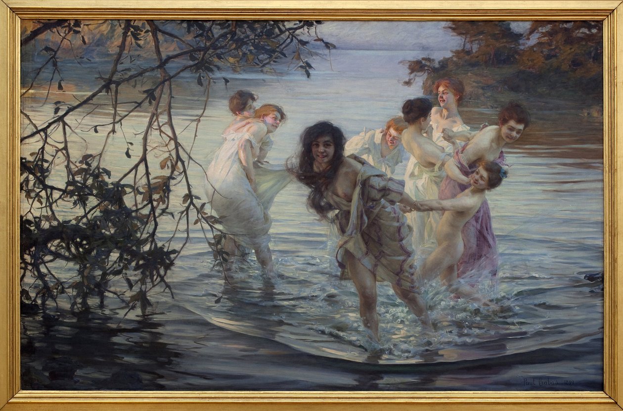 快乐的ebats。 年轻妇女在河水中游泳时玩得开心。 Paul Emile Chabas (1869-1937) 作画，布面油画，大约 1899 年。南特美术博物馆。 作者 保罗·查巴斯