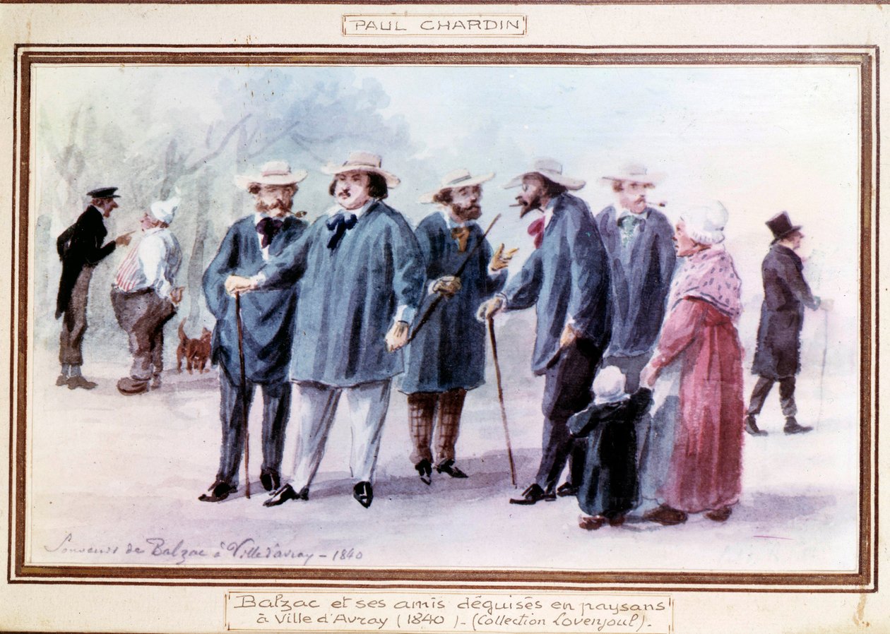 1840 年，法国作家奥诺雷·德·巴尔扎克（Honore de Balzac，1799-1850 年）和他的朋友们在 Avray 镇伪装成农民。保罗·夏尔丹（Paul Chardin，1833-？）凭记忆绘制的水彩画 作者 保罗·查丁