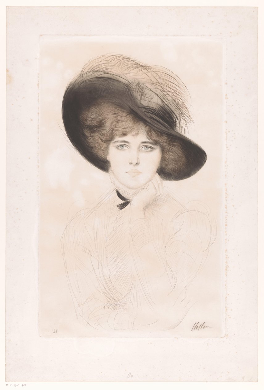 戴帽子的不知名女性肖像 作者 Paul Cesar Helleu（艺术家签名）