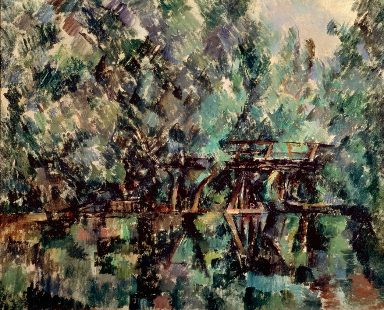 池塘上的一座桥，c1898。 作者 保罗·塞尚