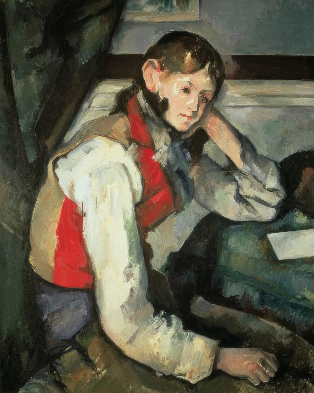 塞尚（P.Cézanne），穿红色背心的年轻人 作者 保罗·塞尚