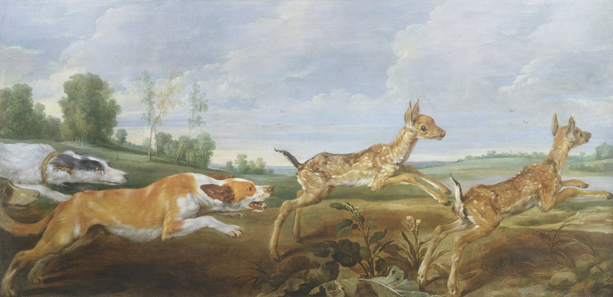 狩猎场景：狗追逐两个fauns 作者 保罗·德沃斯