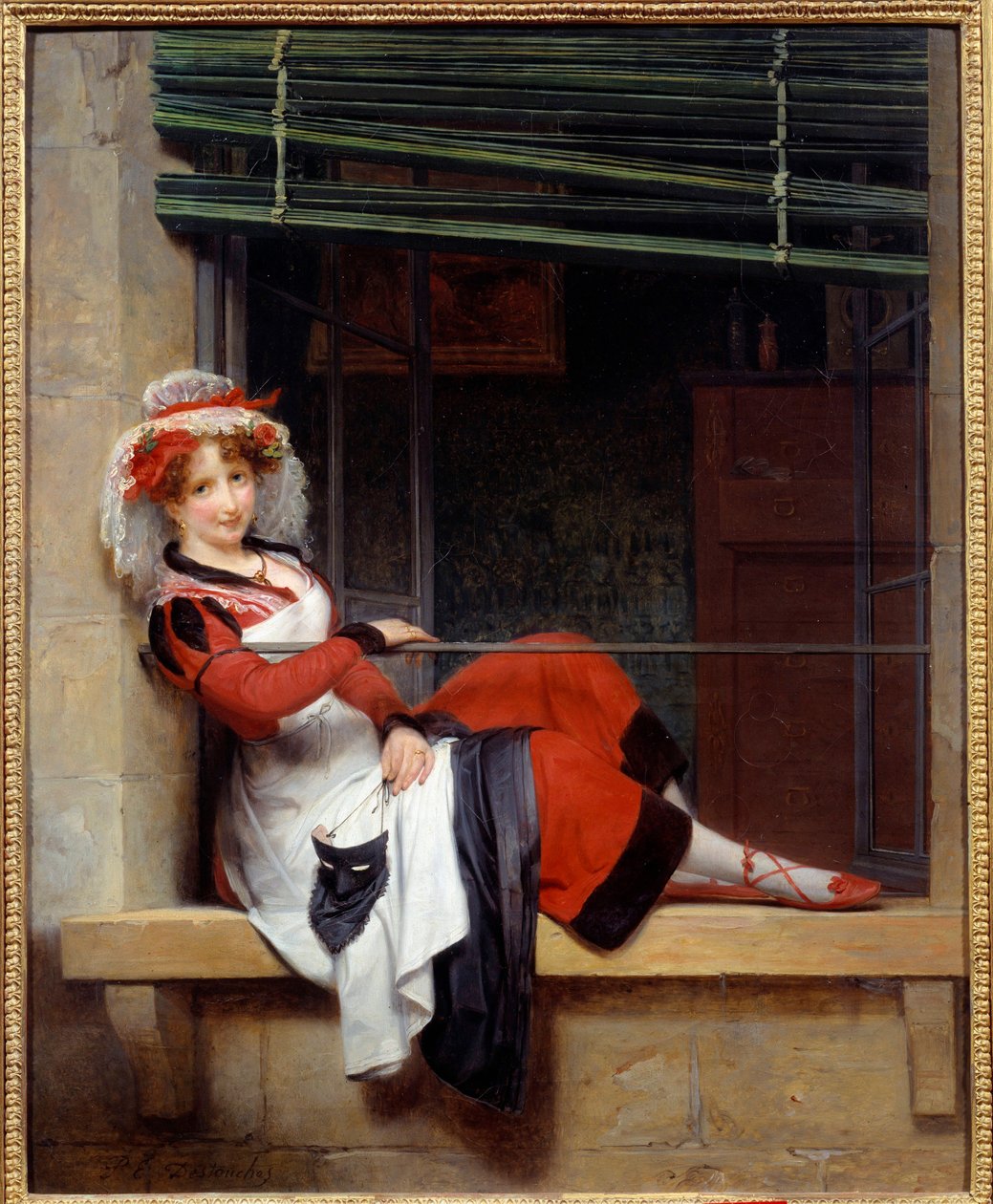 等待舞会的面具 一位坐在窗边的年轻女子。 Paul Emile Destouches (1794-1874) 的绘画 19 世纪 Nantes musee des Beaux Arts 作者 保罗·埃米尔·德图什