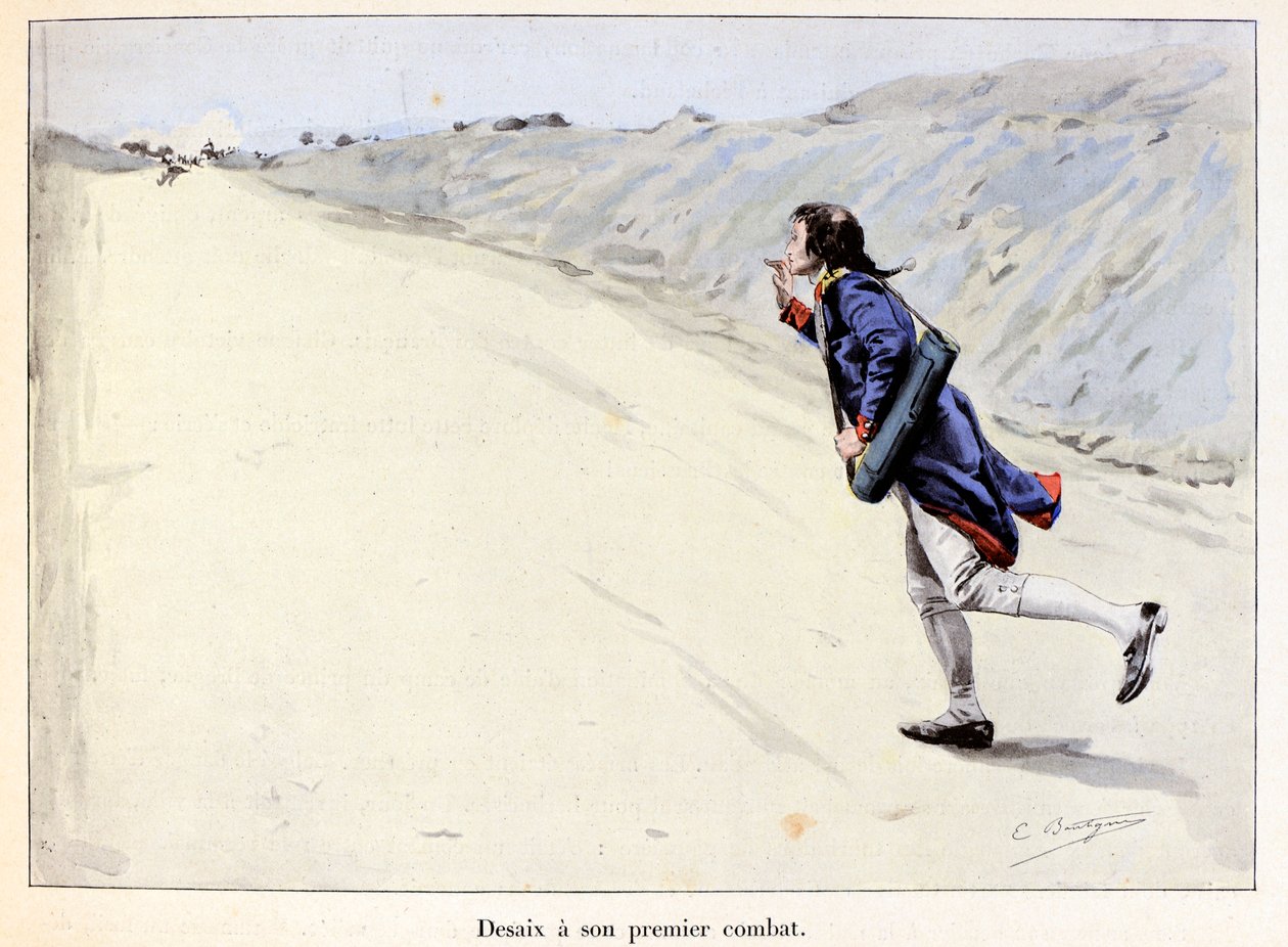 德赛进行了他的第一次战斗。Charles Antoine Desaix de Veygoux (1768-1800)在普法尔茨的兰道(Landau in der Pfalz)抓获一名囚犯，而军队正在撤退 - Emile Boutigny (1853-1929)的插图 在Theodore Cahu (1854-1928)的《Hoche-Marceau-Desaix》中 - Pr 作者 保罗·埃米尔·布蒂尼
