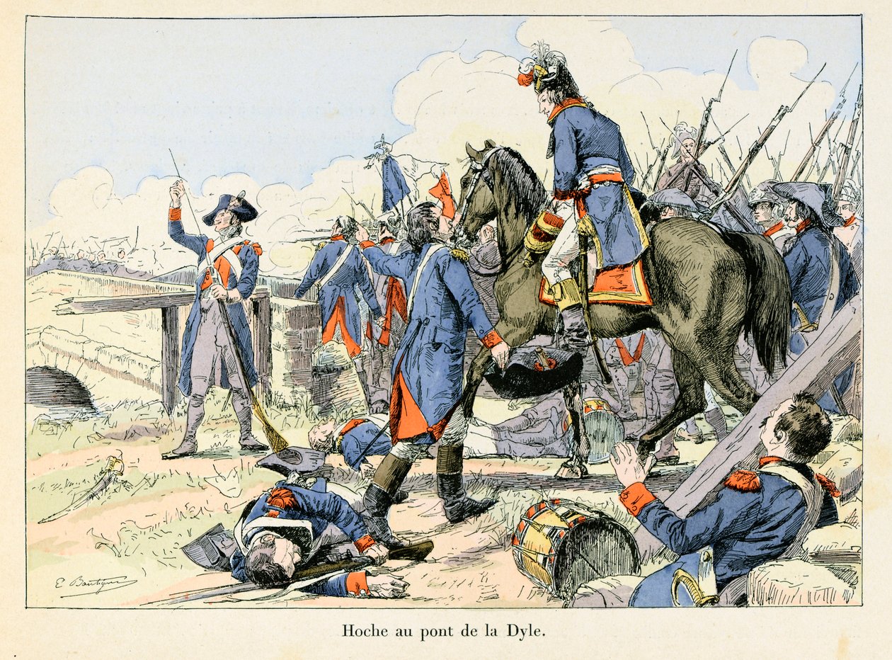 戴尔桥上的霍赫。1793年3月，拉扎尔-霍赫（Lazare Hoche）（1768-1797）在鲁汶（比利时）前面的戴尔河的通道上掩护撤退，与奥地利人作战--埃米尔-布蒂尼（Emile Boutigny）的插图（1853-1929）在西奥多的《霍赫-马尔绍-德赛》中 作者 保罗·埃米尔·布蒂尼