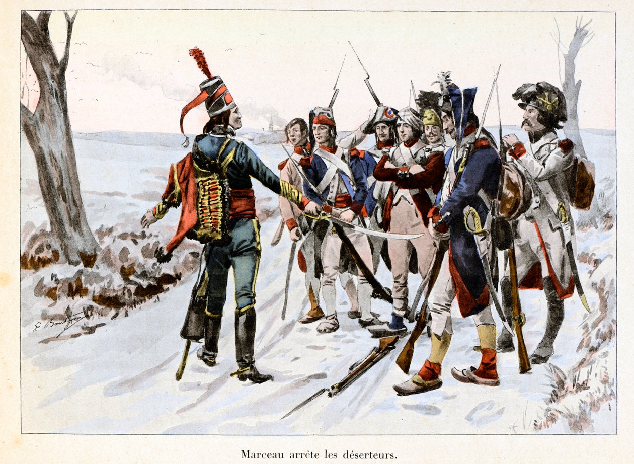 马尔索逮捕逃兵。Francois-Severin Desgraviers Marceau (1769-1796)在旺地扣留了共和国军队的士兵(85)--Emile Boutigny (1853-1929)的插图 在Theodore Cahu (1854-1928)的《Hoche-Marceau-Desaix》中--私人col 作者 保罗·埃米尔·布蒂尼