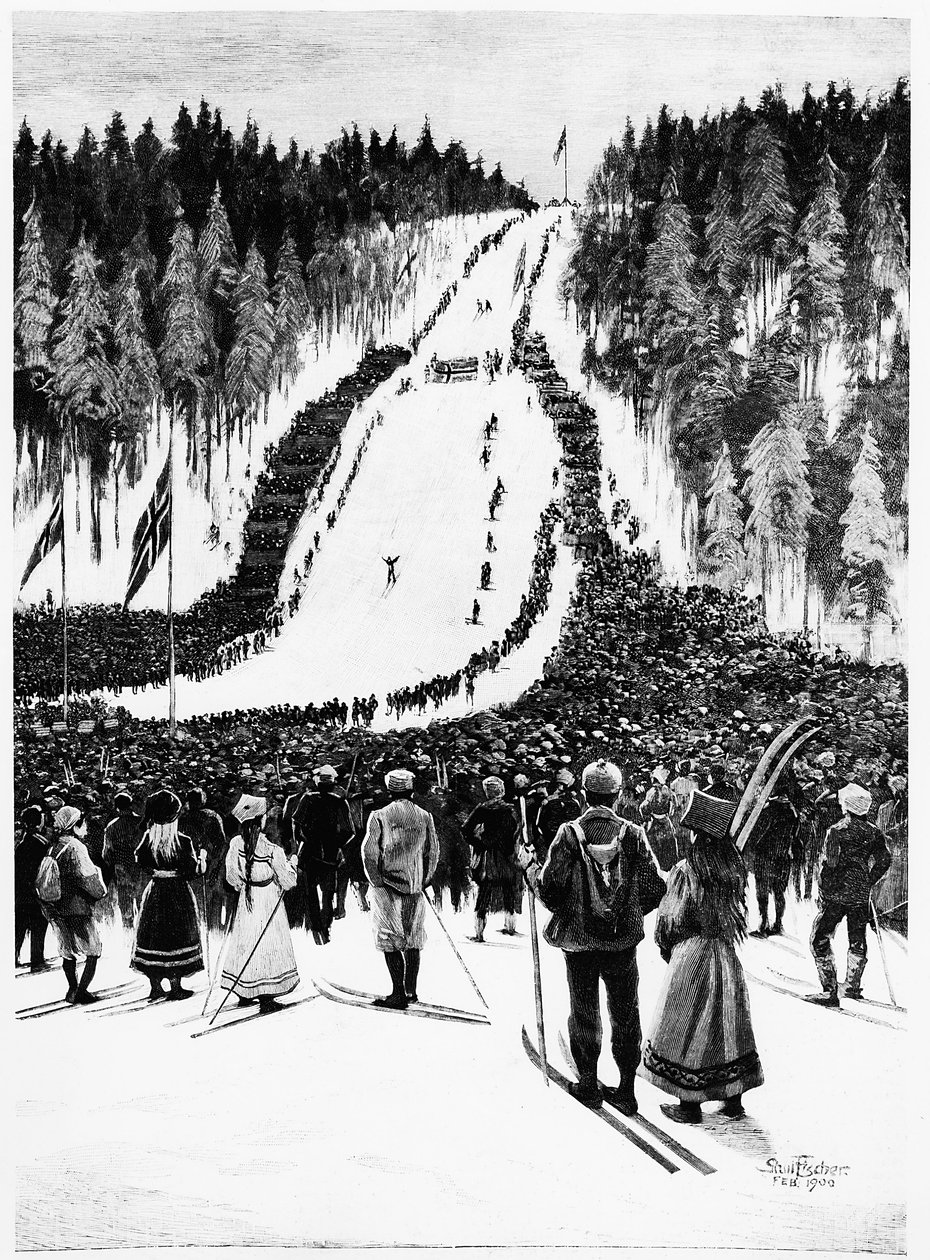 滑雪：挪威德比，滑雪比赛--保罗-菲勒的绘画，1900年2月，Bibl.des Arts Deco。 作者 保罗·菲舍尔