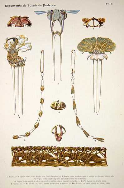 珠宝设计，板块3来自 "Documents de Bijouterie et Orfeverie modernes"，由Henri Laurens出版，巴黎，约1900年（着色的铬酸盐）。 作者 保罗·福莱特