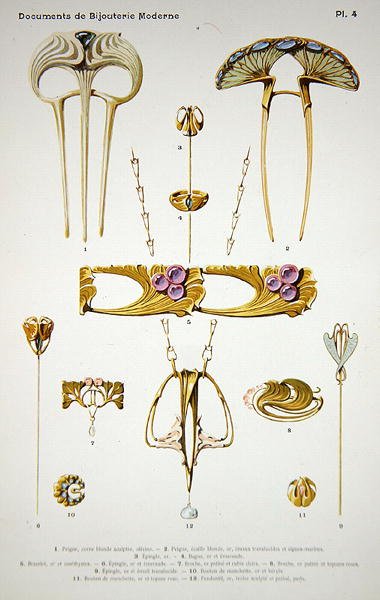 珠宝设计，板块4来自 "Documents de Bijouterie et Orfeverie modernes"，由Henri Laurens出版，巴黎，约1900年（着色的铬酸盐）。 作者 保罗·福莱特
