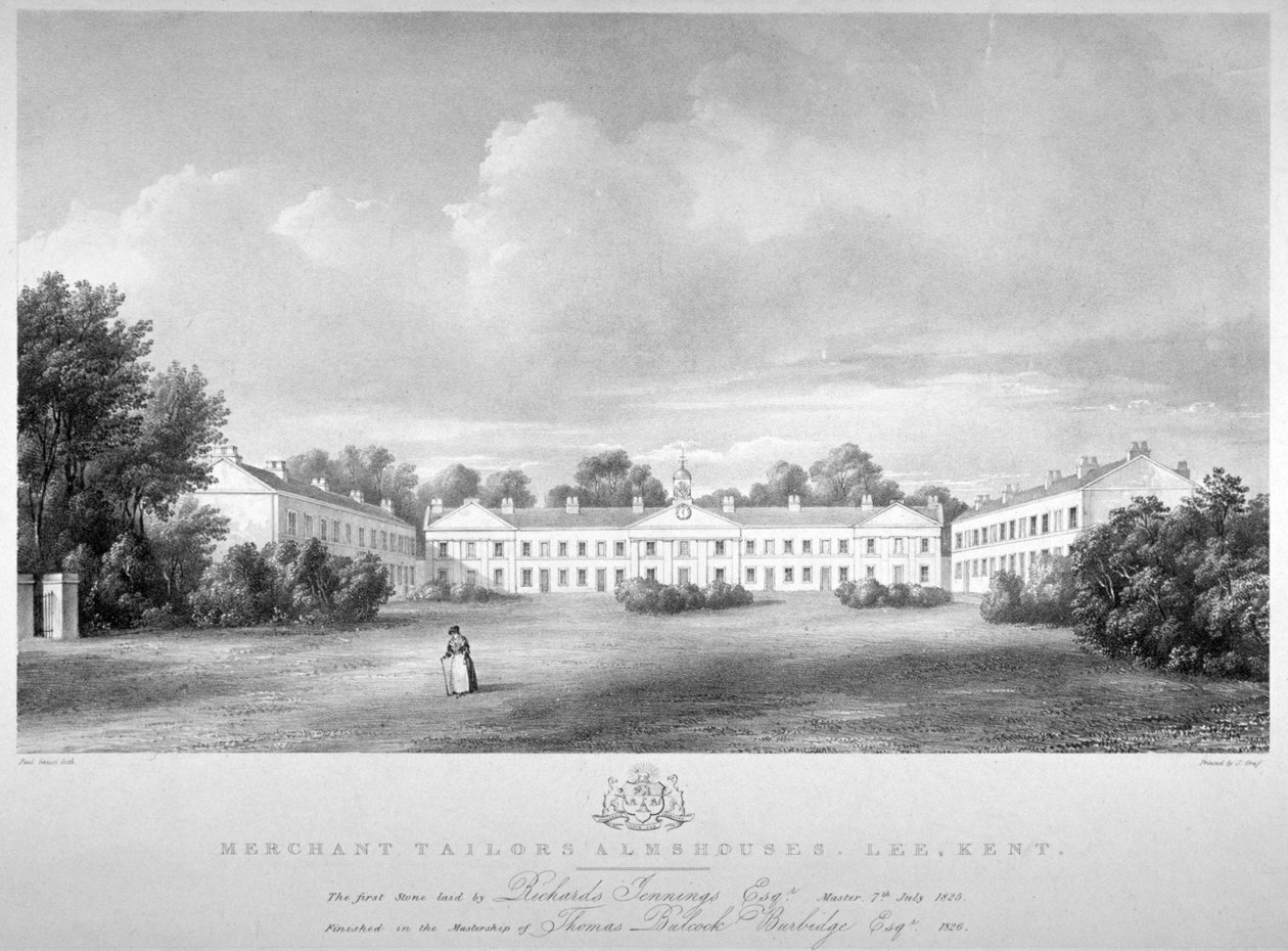 伦敦Lewisham的Lee High Road上的商人泰勒救济院的景观，1826年。                    作者 保罗·高奇