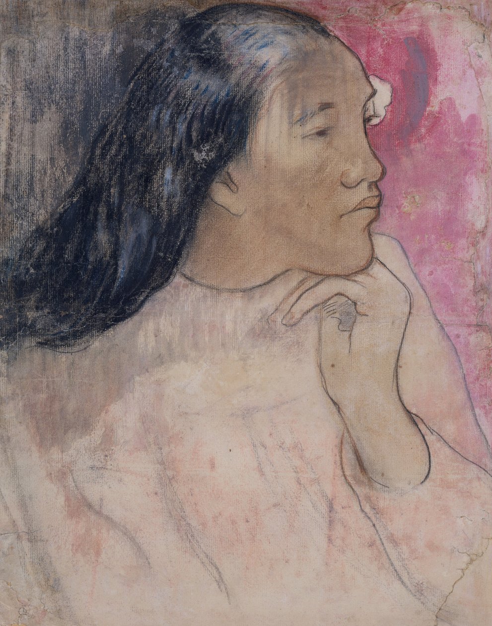 一个大溪地女人，头发中有一朵花，1891-92（木炭，粉彩和水洗） 作者 保罗·高更