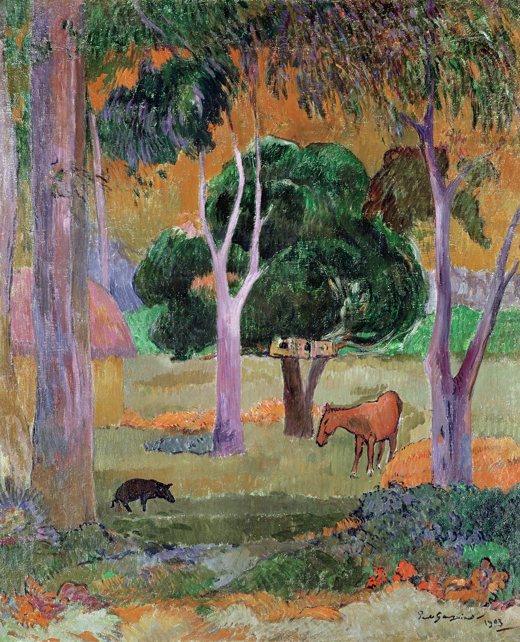 多米尼加风景，或与猪和马景观，1903年 作者 保罗·高更