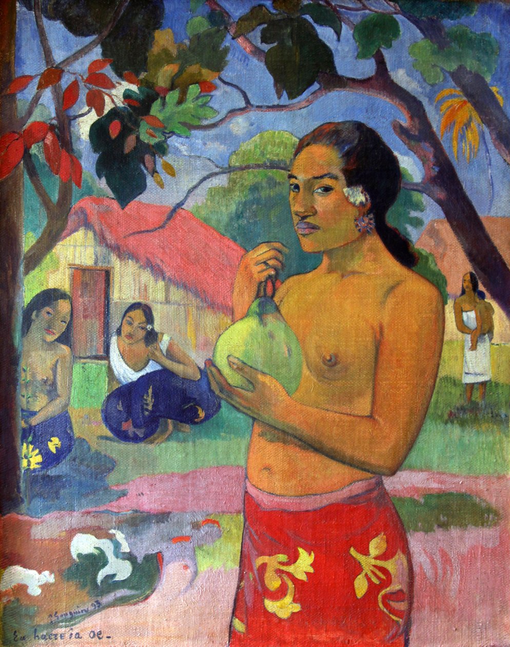 Eu haere ia oe 女人拿着一个水果。你要去哪里》，1893年。   作者 保罗·高更